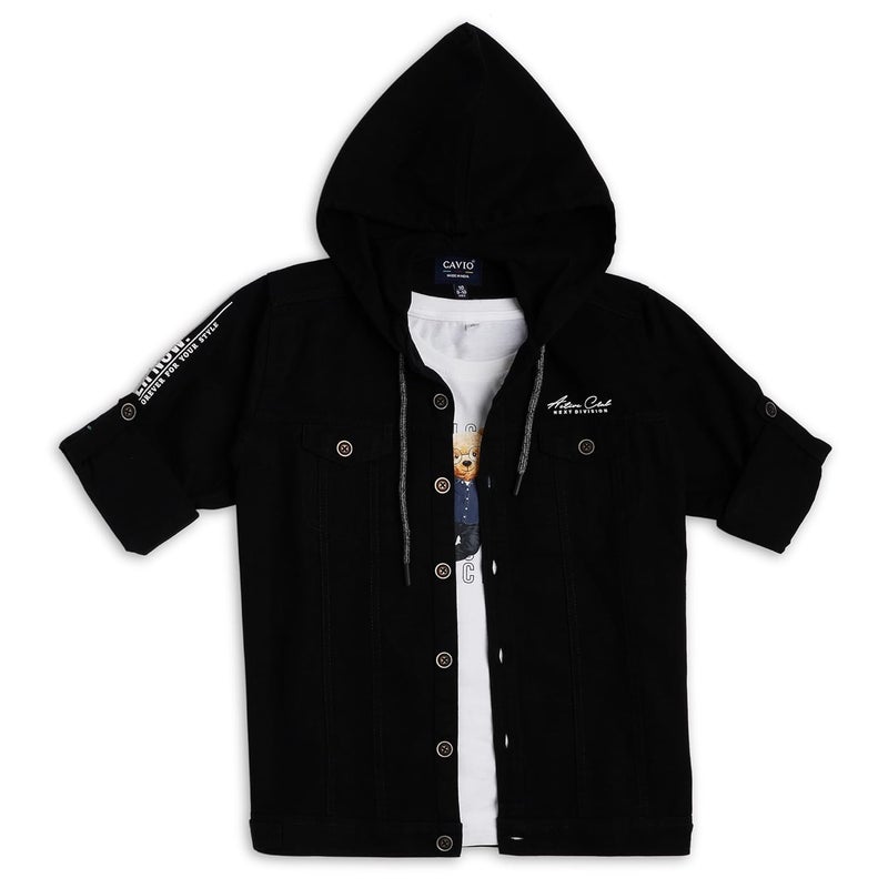 CAVIO Boys Regular Fit Solid Hooded Casual Jacket and T-Shirt - Image 1
